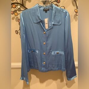 NWT J Crew Silky Satin Jacket: Sky Blue, Gold Buttons, Front Pockets Unlined XL